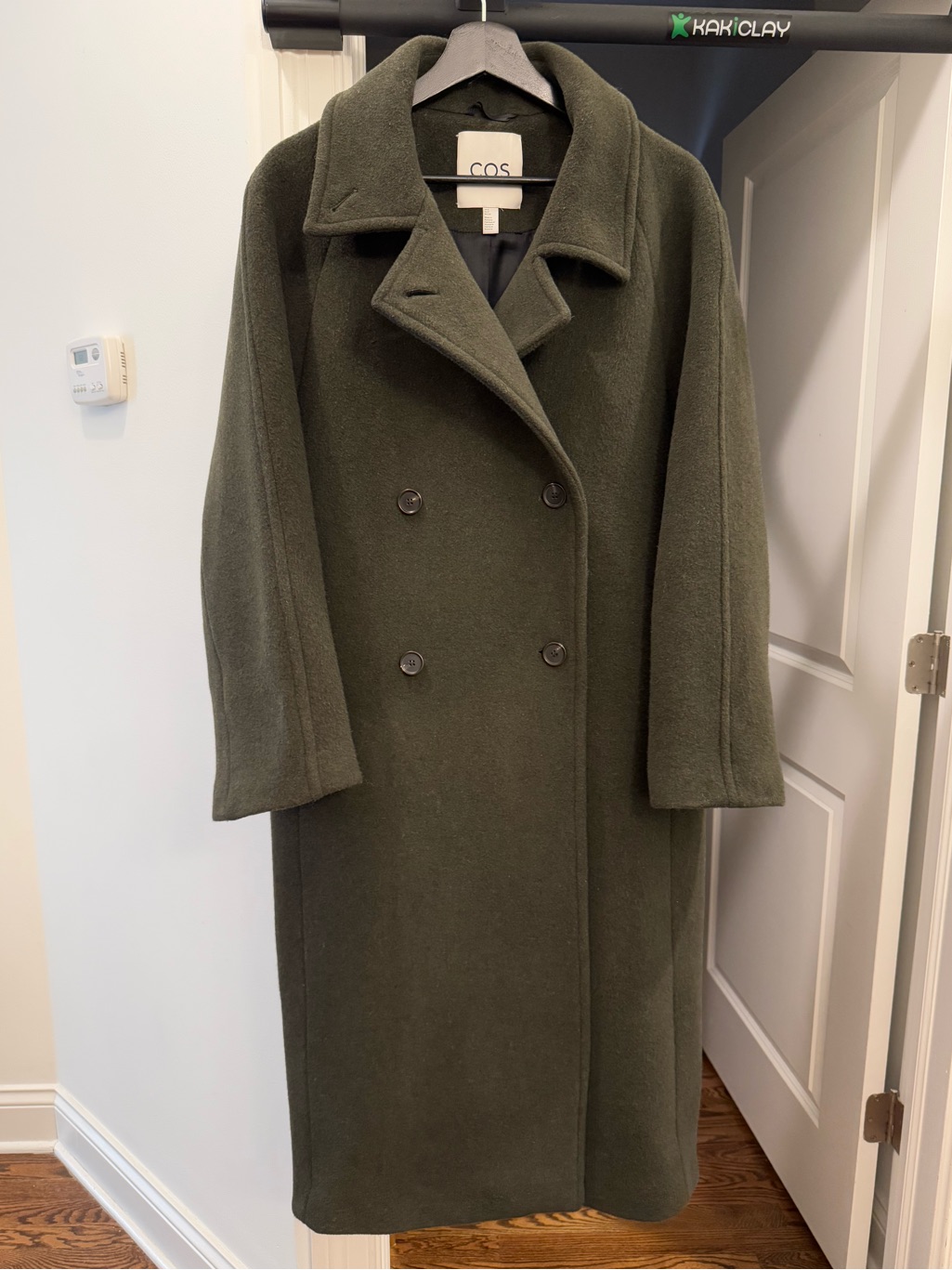 Cos Olive Green Oversized Double-Breasted Wool Long Coat - Size S